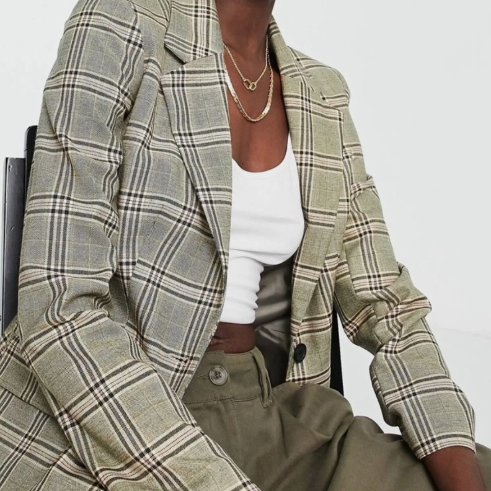 Topshop Women Equestrian Style Plaid Single-Breasted Blazer Size M